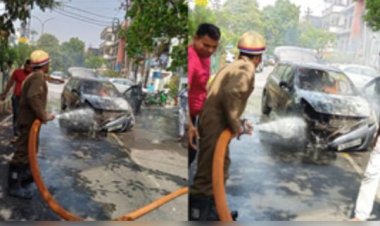 सीएनजी कार में लगी आग, चालक ने कूदकर बचाई जान