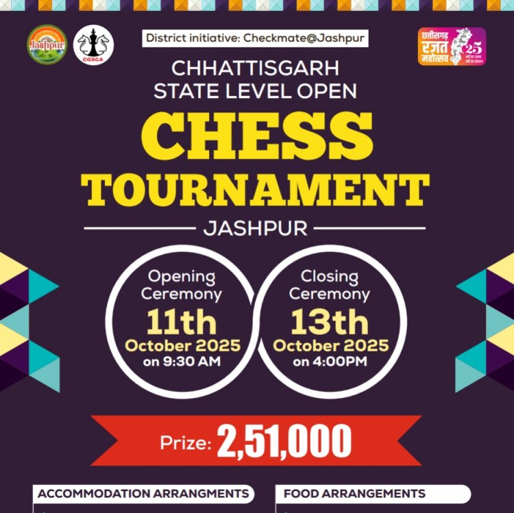 मुख्यमंत्री विष्णु देव साय की मंशा के अनुरूप जिले में शतरंज को नई दिशा - 11 से 13 अक्टूबर तक जशपुर में होगा छत्तीसगढ़ स्टेट लेवल ओपन चेस टूर्नामेंट 