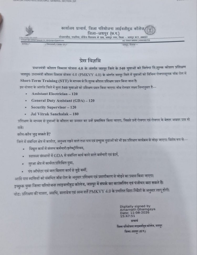 PMKVY 4.0: जशपुर के 540 युवाओं को निःशुल्क मिलेगा रोजगारपरक प्रशिक्षण