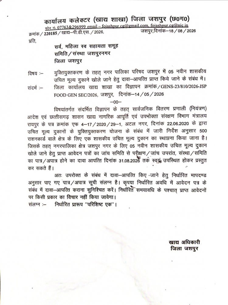जशपुर में खुलेंगी 5 नई शासकीय उचित मूल्य दुकानें, 31 अगस्त तक दावा-आपत्ति