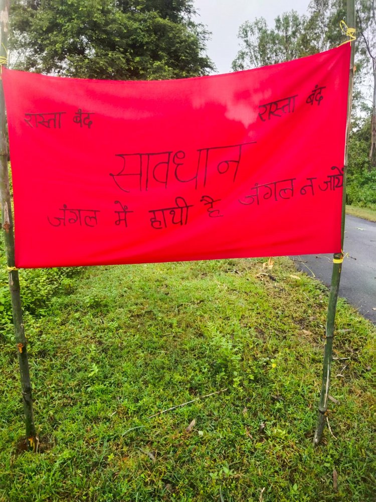 जंगल क्षेत्र में लगाए गए ‘सावधान, जंगल में हाथी है’ के बैनर, ग्रामीणों से जंगल के रास्तों का उपयोग नहीं करने की अपील